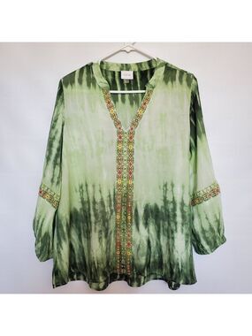 CUPIO TIE DYE TWO TONE GREEN TOP EMBROIDERED LONG SLEEVE SPLIT NECK WOMENS (M)